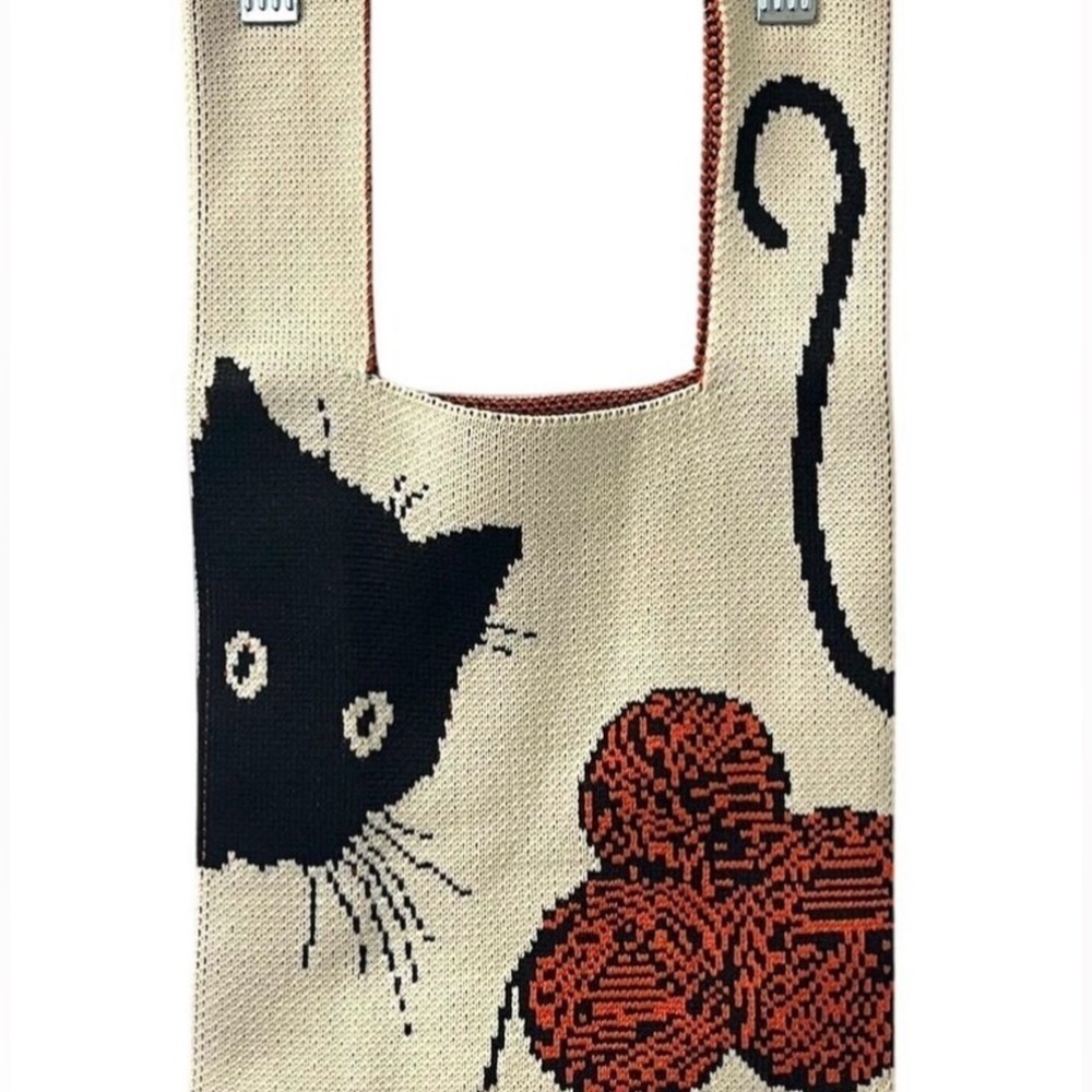 Y2K Trendy Cat Motif Knit Small Tote Bag Cottagecore Animal Lover Witchy Goth - Picture 4 of 6